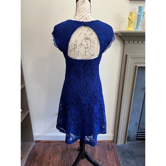 Lauren Ralph Lauren Evening Blue Lace Lined Mini Dress Date Fit Flair Open Back - Picture 5 of 13